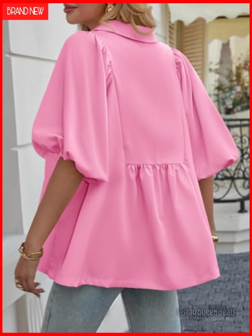 Smocked V Neck Babydoll Peplum Blouse Puff Sleeve Loose Fit Top - Picture 6 of 7